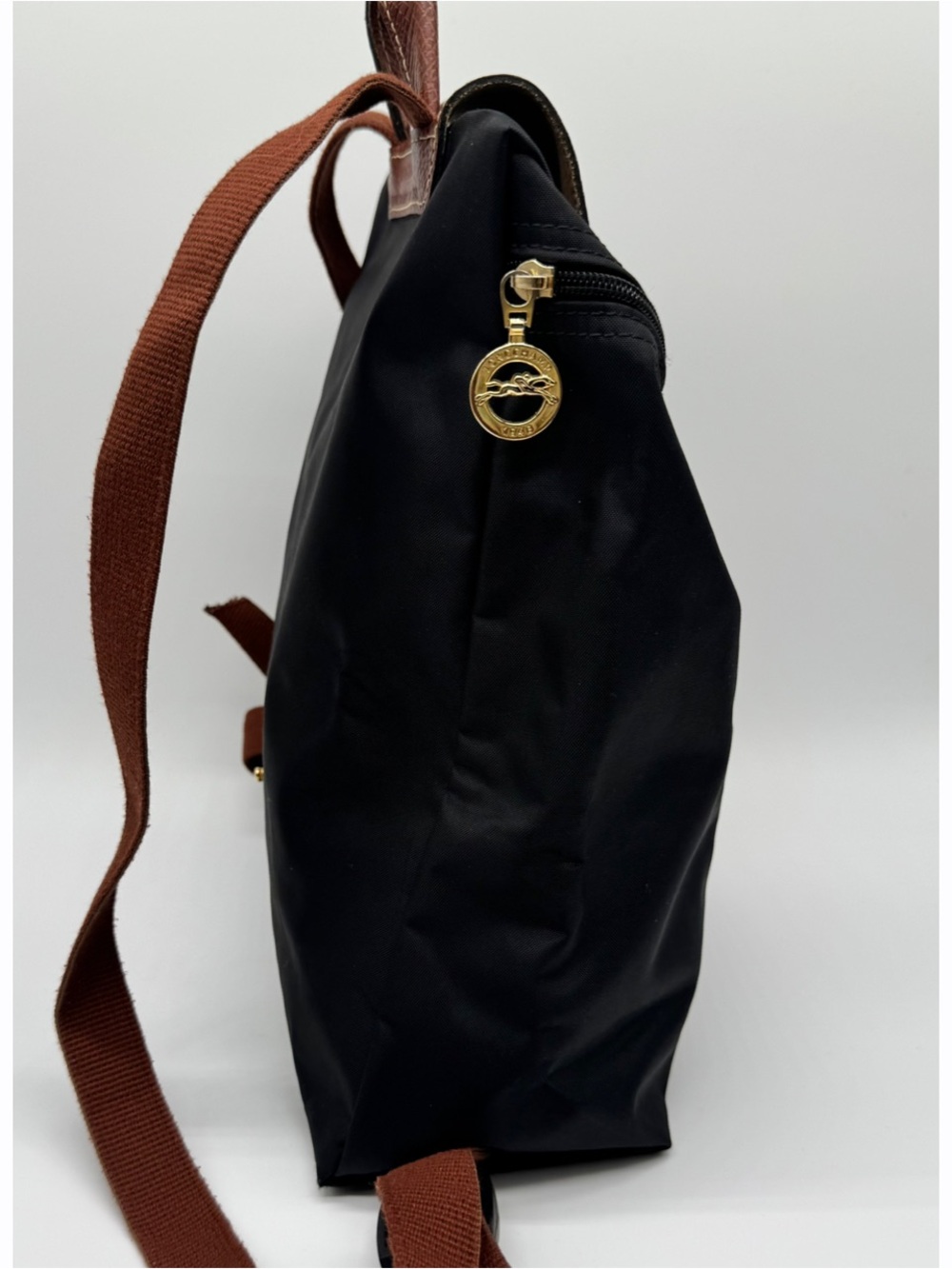 Longchamp Le Pliage Small Backpack Black Nylon Brown Leather Foldover Bag - Picture 2 of 6